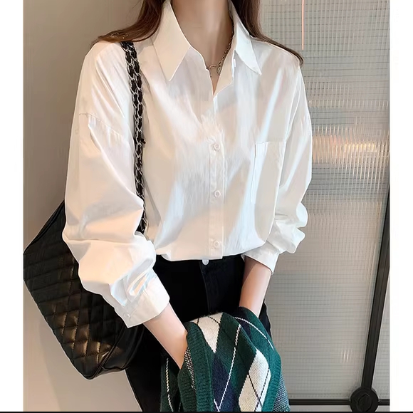 清仓秒杀~欧货女装法式白色纯棉衬衫女春秋宽松港风叠穿内搭上衣
